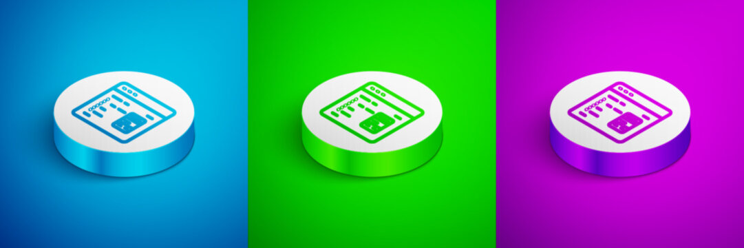 Isometric line Software, web developer programming code icon isolated on blue, green and purple background. Javascript computer script random parts of program code. White circle button. Vector
