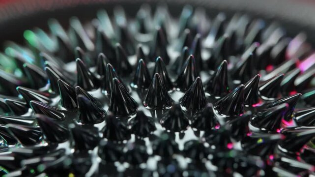 Macro shot of colorful ferrofluid spiking under a magnet, black liquid metal, sci-fi texture