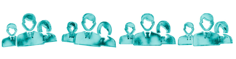 Set of four 3D business team shapes in frosted blue ice glass style, isolated on a transparent background. Glassmorphism icons and 3D elements for modern graphic design.