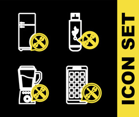 Set line USB flash drive service, Mobile Apps, Blender and Refrigerator icon. Vector
