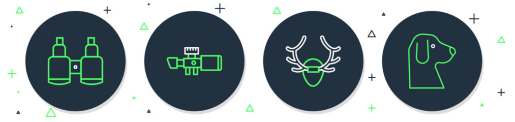 Set line Sniper optical sight, Deer antlers on shield, Binoculars and Dog icon. Vector