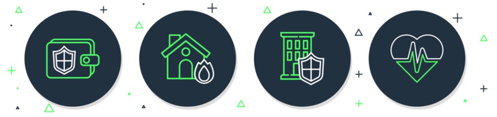 Set line Fire in burning house, House with shield, Wallet and Health insurance icon. Vector