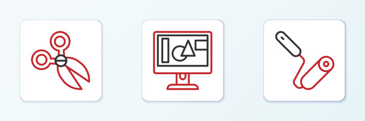 Set line Paint roller brush, Scissors and Computer monitor screen icon. Vector