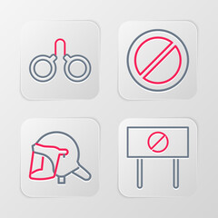 Set line Protest, Police helmet, Ban and Handcuffs icon. Vector