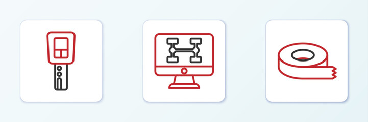 Set line Scotch tape, Car key with remote and Diagnostics condition of car icon. Vector