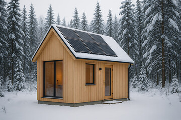 solar powered tiny home. A cozy wooden cabin with solar panels, surrounded by snow-covered trees, showcasing a sustainable design in a winter landscape.