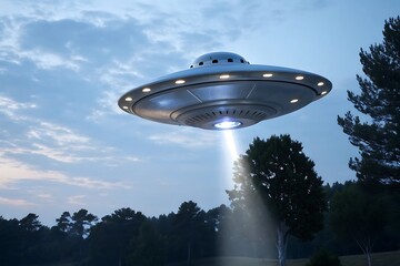 Classic ufo hovering above a forest at twilight with glowing beam.