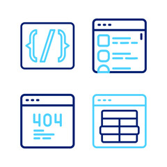 Set line MySQL code, Page with a 404 error, Browser files and Programming language syntax icon. Vector