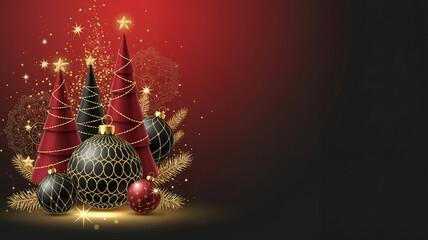 Elegant Christmas trees and festive ornaments glowing on a red and black gradient background with golden sparkles and mandalas for a luxury holiday celebration concept with ample copy space