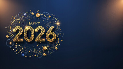 Happy 2026 glowing golden numbers with festive sparkling decorations on dark blue background for new year celebration concept and elegant holiday design with ample copy space
