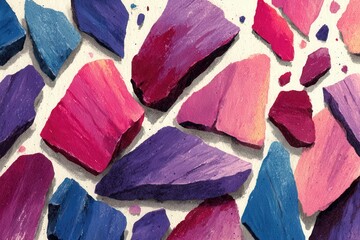 An abstract design features colorful rock fragments in blue, purple, and pink tones, evoking a sense of natural mineral formations and textured artistry