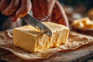 A pat of butter being cut with a knife, creating shavings, the simple moment highlighting dairy, cooking, and the process of food preparation