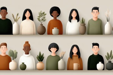Diverse people on shelves with vases and plants. Neutral tones create a peaceful, inclusive community illustration