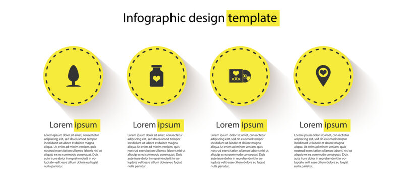 Set Anal plug, Bottle with pills for potency, Disc inscription Sex and Location heart. Business infographic template. Vector