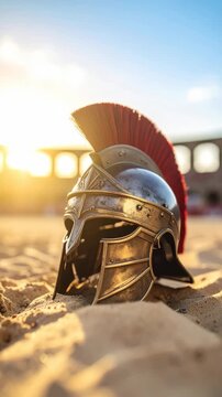 Close-up of an ancient warrior helmet with a red plume resting on the sand in front of blurred arena architecture.
