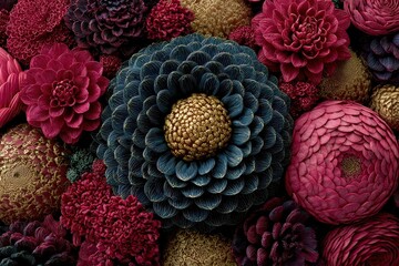 A captivating array of vibrant floral arrangements features dahlias in shades of red, blue, and gold, creating a visually stunning and elegant botanical display