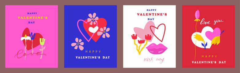 A set of Valentine's Day cards in a minimalist design. Hearts, flowers, lips on a colored background. Greeting cards, posters, covers.