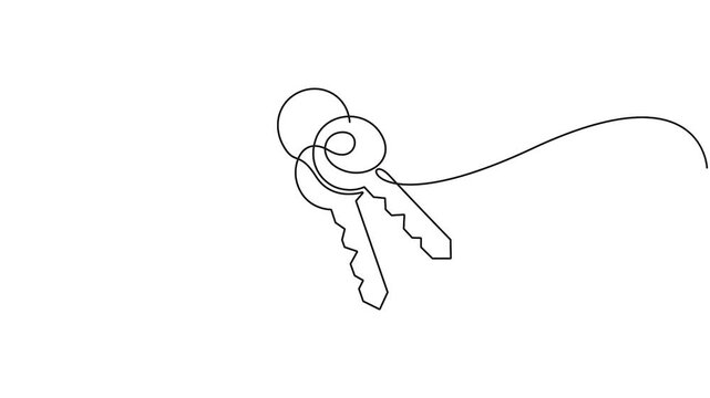 Self animated minimalist single line-art drawing of a set of keys on a keyring