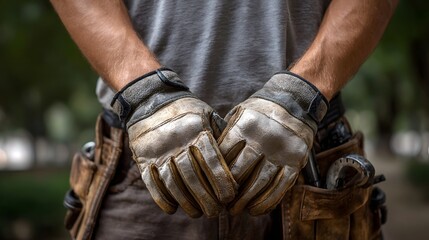 Skilled worker s hands in worn leather gloves tool belt filled ready for industrial work outdoors