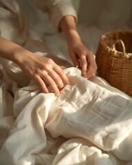 Obraz premium Hands Folding Soft Fabric in Warm Natural Light