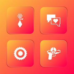 Set Flower in vase, Speech bubble chat, Sun and No war icon. Vector