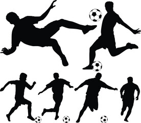Multiple Soccer Player Silhouettes with Balls on White Background