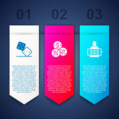 Set Game dice, Casino chip with dollar and Winner holding prize ticket. Business infographic template. Vector