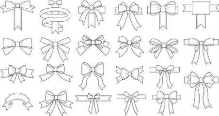 Decorative bow and ribbon icon set, twenty black-and-white line art designs, gift wrap vector, celebration graphic, crafting theme