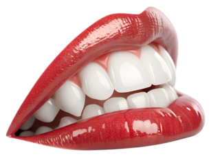 A mouth with vibrant red lips and perfect white teeth displays a beautiful wide smile, isolated for versatility.
