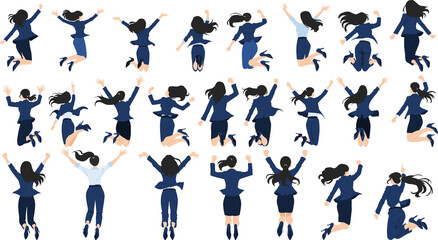 ジャンプする後ろ向きのビジネスウーマンのシルエットイラストセット