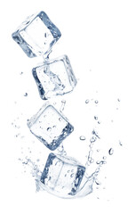Four frozen ice cubes dropping and splashing cold water dynamically, creating refreshing liquid motion, perfectly isolated on transparent background.