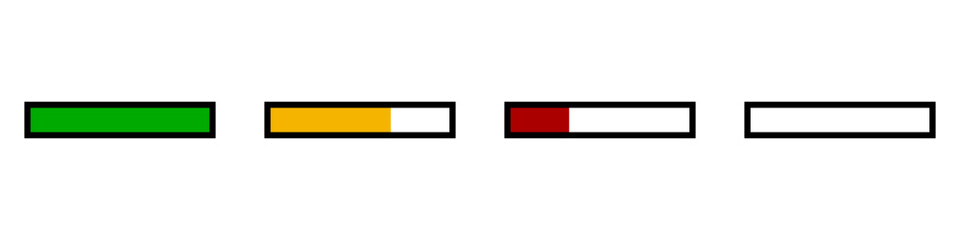 4 Frame Sprite Sheet of a Draining Health Bar Icon Set with Green, Yellow and Red Steps and Outline for Game UI Animation. Vector Image.