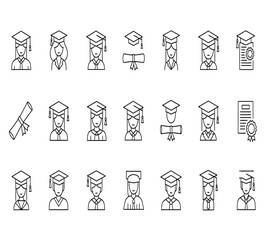 vx (2)Set of 18 graduation icons, black and white sketch style, featuring graduates with mortarboards and diplomas, isolated on white background.eps