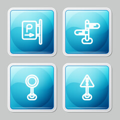 Set line Parking, Road traffic sign, and Exclamation mark triangle icon. Vector