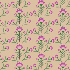 A seamless floral mughal pattern featuring stylized pink and purple flowers with green stems and leaves on pale off white color background.Suitable for textile print,clothing,home decor,wallpaper,web.