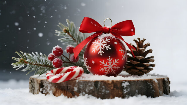 Christmas Ornament, Red Bauble, Snowflake Design, Candy Cane, Pine Cones, Winter Scene, Holiday Decor - Powered by Adobe