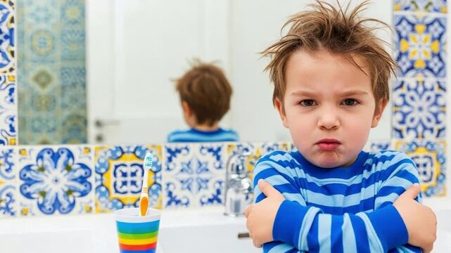 Child refusing to brush teeth in colorful bathroom, stubbornness and morning routine challenge