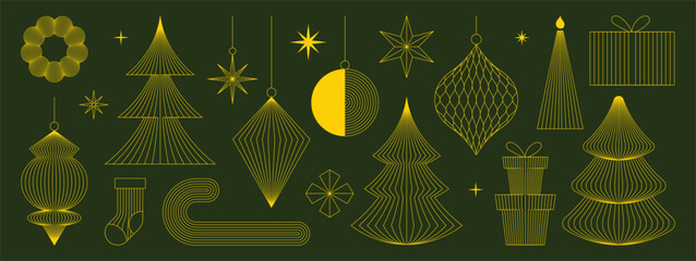 Obraz premium Christmas vector element set. Luxury gold line ornaments, trees and festive shapes perfect for holiday decoration and design.