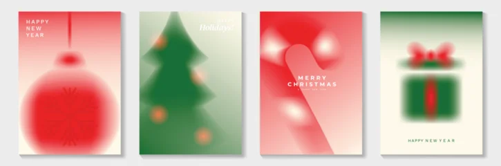 Gordijnen Gekleurd Glas Merry Christmas and Happy New Year vector blur gradient holiday illustration with soft red and green festive elements including bauble, Christmas tree, candy cane and gift box.   © TWINS DESIGN STUDIO