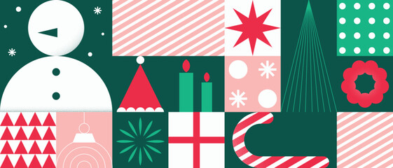 Fototapeta premium Geometric Christmas vector pattern with red and green festive shapes and modern holiday elements. Perfect design for greeting cards, packaging, wallpaper, and happy new year invitations.