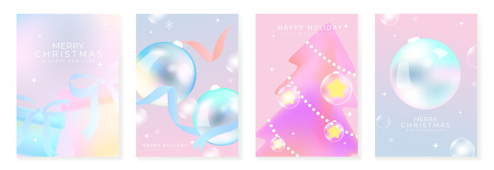 Obraz premium Christmas and Happy New Year vector illustration with soft gradient colors, festive ornaments, trees and holiday elements. Elegant design for cards, posters and prints.