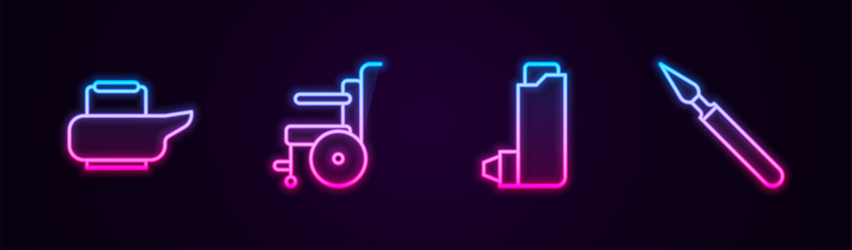 Set line Bedpan, Wheelchair for disabled person, Inhaler and Medical surgery scalpel. Glowing neon icon. Vector