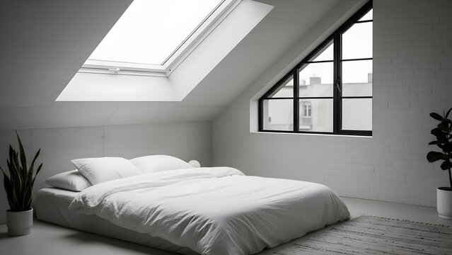 A large white bed sits under a skylight in a modern bedroom interior with plants