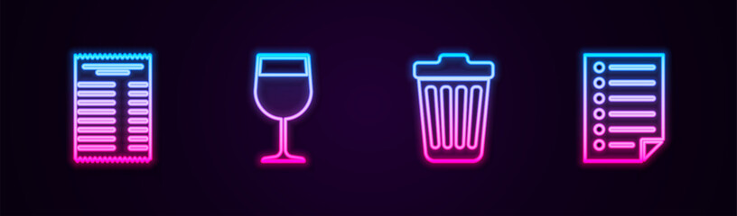 Set line Paper or financial check, Wine glass, Trash can and Document. Glowing neon icon. Vector