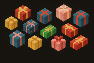 黒背景に並んだカラフルなギフトボックスのアイソメトリックイラスト