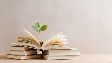 open book with emerging plant sprout growing from pages, surrounded by closed books on a soft pastel background, symbol of learning personal growth