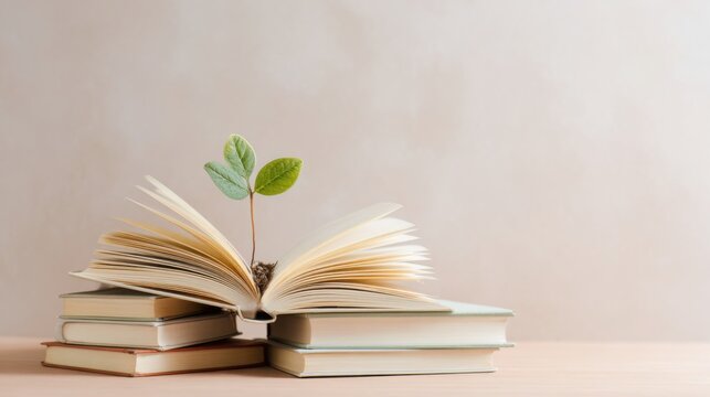 open book with emerging plant sprout growing from pages, surrounded by closed books on a soft pastel background, symbol of learning personal growth