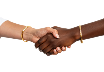 Handshake between two people, diverse skin tones, gold bangles, isolated on a transparent background