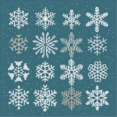 Collection of diverse snowflake illustrations in various intricate designs and shades, perfect for winter-themed projects and holiday decorations