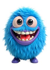 Fototapeta premium Charming fluffy blue monster character with a big smile and wide eyes isolated on white